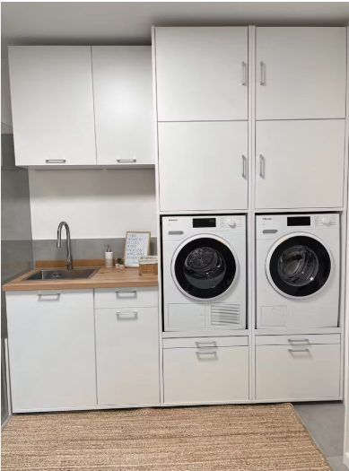 The washing machine in the utility room, next to the sink